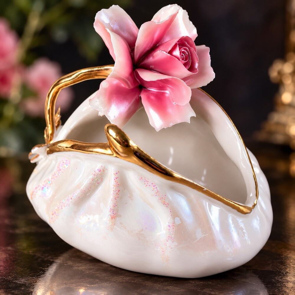 Vintage Capodimonte Porcelain Purse Basket Pink Rose Gold Handle Italy Crown N